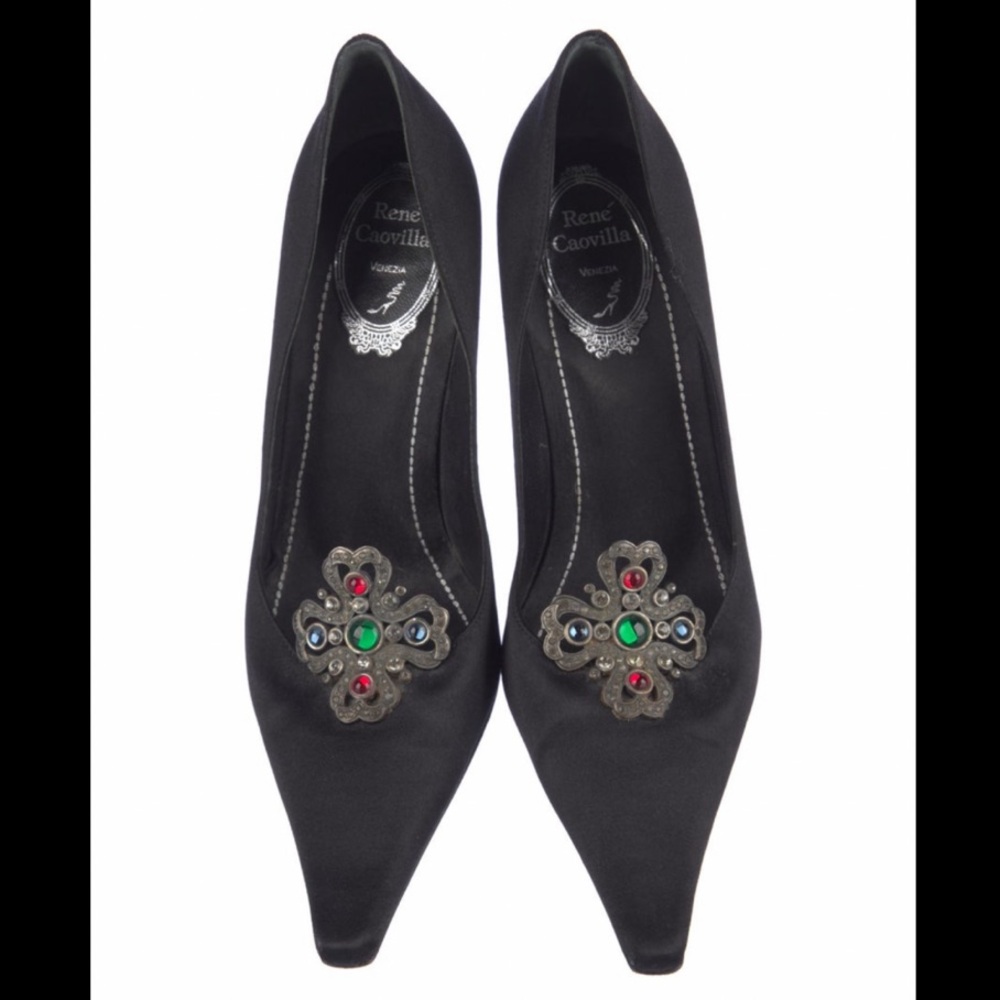 Rene Caovilla Black Satin Pointed Jewel-Embellished Heels
